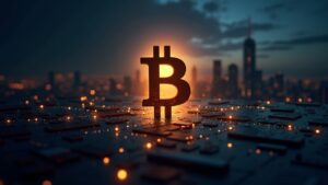 Bitcoin logo ascending over a financial district, with blockchain and glow suggesting Fed pivot and crypto.