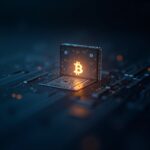 Quantum core in the foreground; Bitcoin private key emerges from a public address over a transparent ledger.