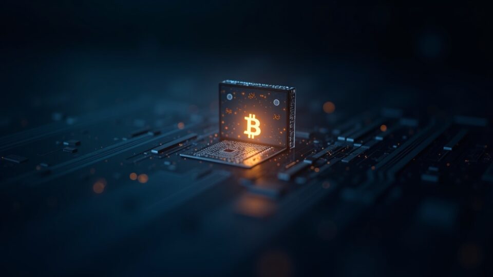 Quantum core in the foreground; Bitcoin private key emerges from a public address over a transparent ledger.