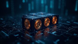 Bitcoin mining at the center, price screens and AI circuits in the background, crypto momentum driven by AI.