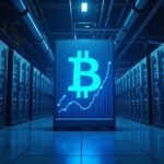Industrial Bitcoin mining facility with rows of rigs, blue lighting, and an overlaid profitability chart