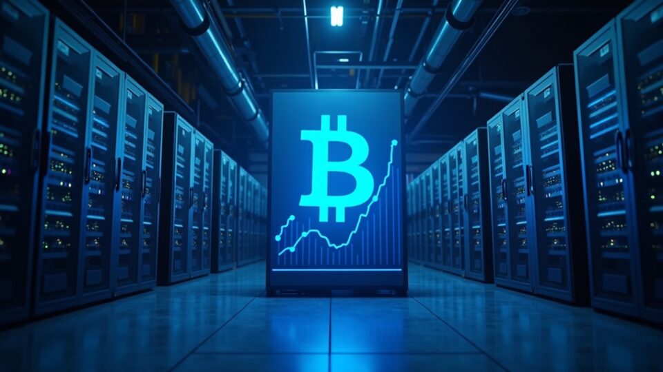 Industrial Bitcoin mining facility with rows of rigs, blue lighting, and an overlaid profitability chart
