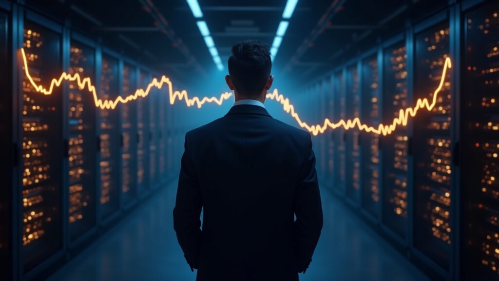 Executive in a high-tech data center, behind him illuminated Bitcoin mines and an upward-trending chart.