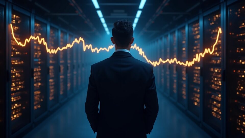 Executive in a high-tech data center, behind him illuminated Bitcoin mines and an upward-trending chart.