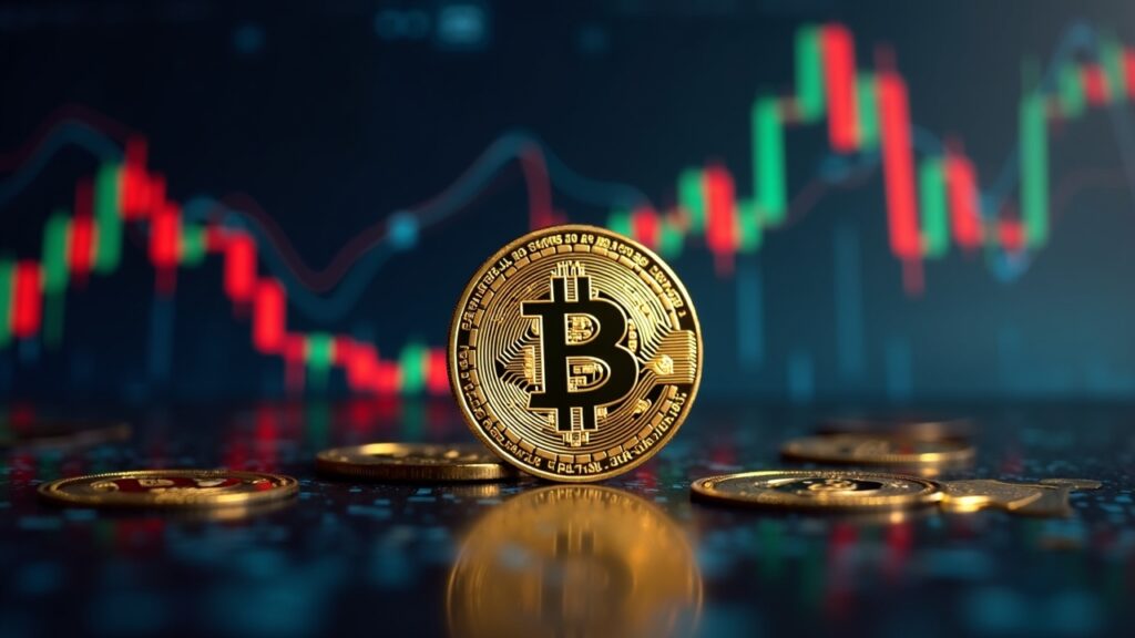 Bitcoin coin in foreground, ascending graphs and Fed headquarters in background, institutional re-accumulation signal.
