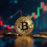 Bitcoin coin in foreground, ascending graphs and Fed headquarters in background, institutional re-accumulation signal.