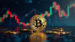 Bitcoin coin in foreground, ascending graphs and Fed headquarters in background, institutional re-accumulation signal.