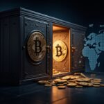 Government treasury transforming into a Bitcoin vault with holographic charts and a world map.