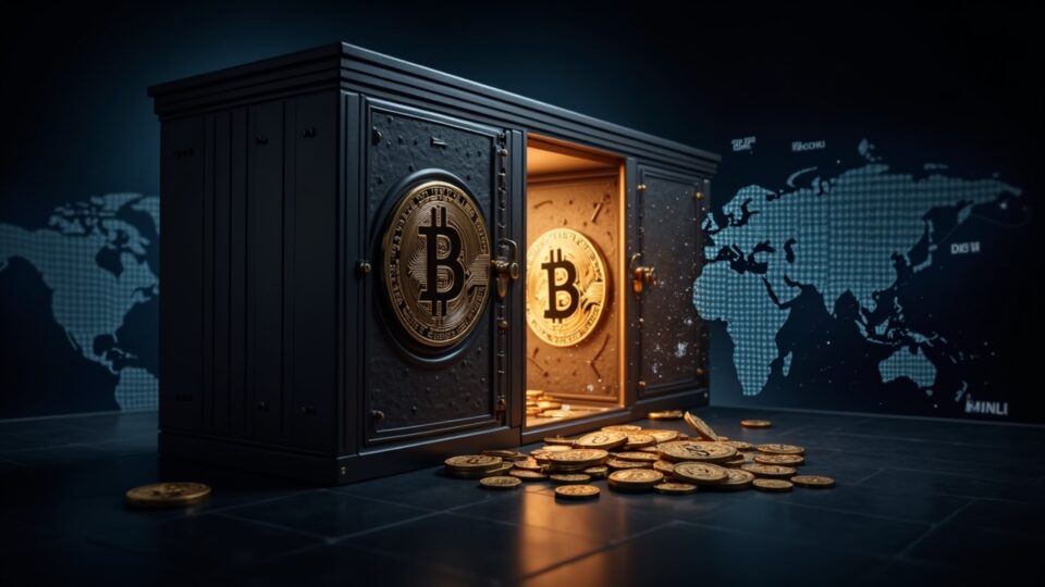 Government treasury transforming into a Bitcoin vault with holographic charts and a world map.