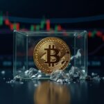 Bitcoin in close-up crossing glass, chart with supports 100k, 106.4k and 107k and resistances 110.5k-117k.