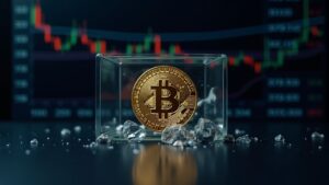 Bitcoin in close-up crossing glass, chart with supports 100k, 106.4k and 107k and resistances 110.5k-117k.