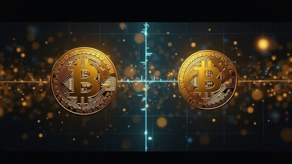 Split-screen: Bitcoin logo left, tokenized gold with $3B cap on right, blockchain grid linking assets in a newsroom.