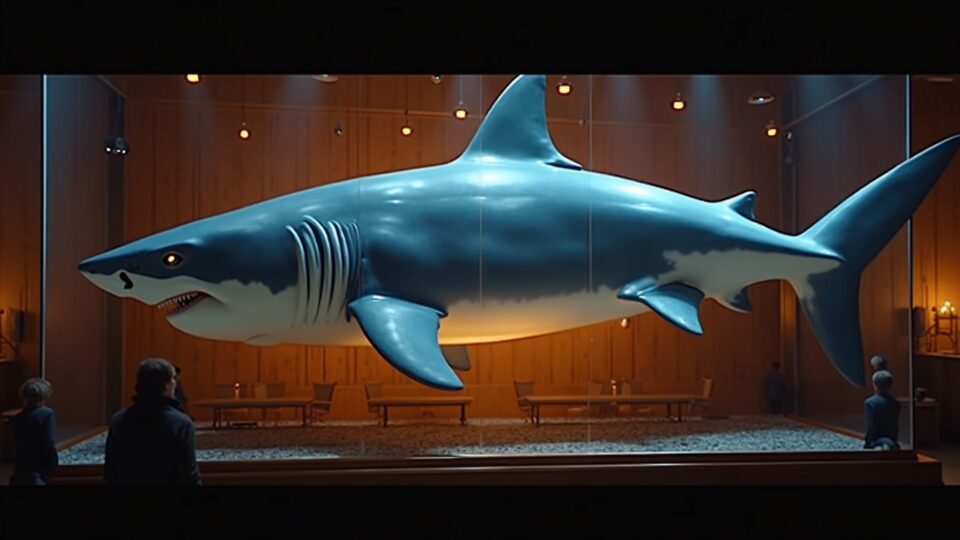 Nine-foot white shark, Bitcoinius Maximus, in a glass display case with orange lighting, in Santa Monica.