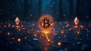 Bitcoin in the center with bright bridges to Ethereum and Cardano, ZK glow and an institutional BTCFi atmosphere.