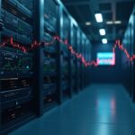 Data center with Bitcoin mining rigs in the foreground and AI/HPC servers in the background, with a falling stock chart.