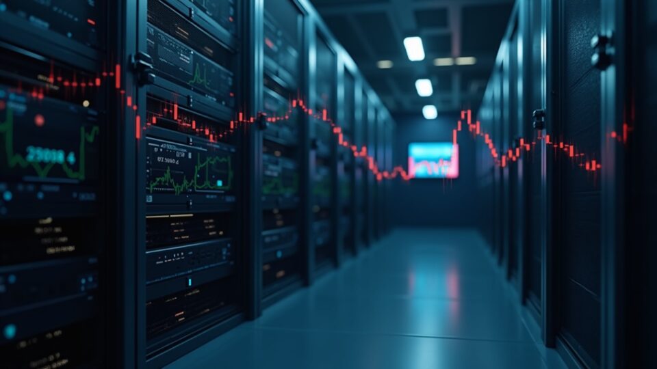 Data center with Bitcoin mining rigs in the foreground and AI/HPC servers in the background, with a falling stock chart.
