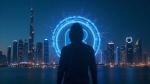 Central figure in front of the Dubai skyline and a digital vault, BitGo's VARA license for institutional trading.