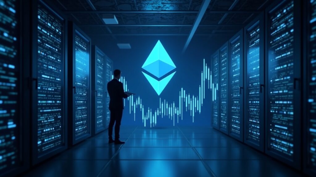 Crypto data center with immersion cooling, Ethereum logo and upward chart while an executive oversees ETH.