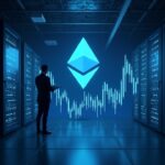 Crypto data center with immersion cooling, Ethereum logo and upward chart while an executive oversees ETH.