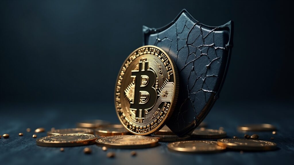 Bitcoin coin in front of a BlackRock logo and a cracked shield, symbol of ETF concentration.