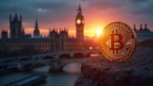 Bitcoin coin shining in the foreground, London skyline at sunset and FCA regulatory emblem