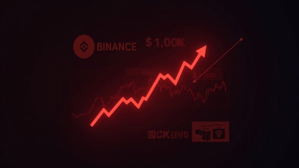 BNB symbol with a red downtrend chart crossing $1000, data overlays, and a fear indicator glow.
