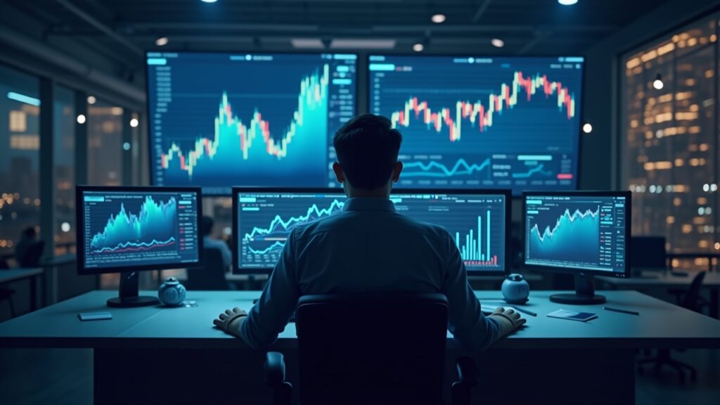 Analyst in a newsroom with split screens: ascending chart, bubble and BNB icon.