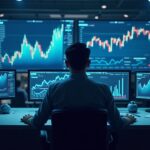 Analyst in a newsroom with split screens: ascending chart, bubble and BNB icon.