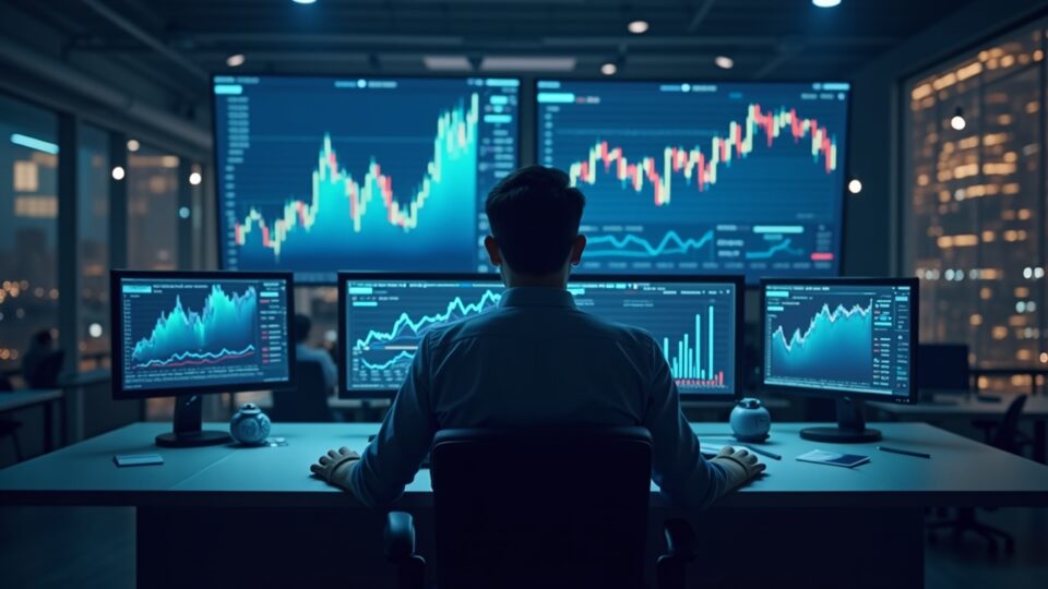 Analyst in a newsroom with split screens: ascending chart, bubble and BNB icon.