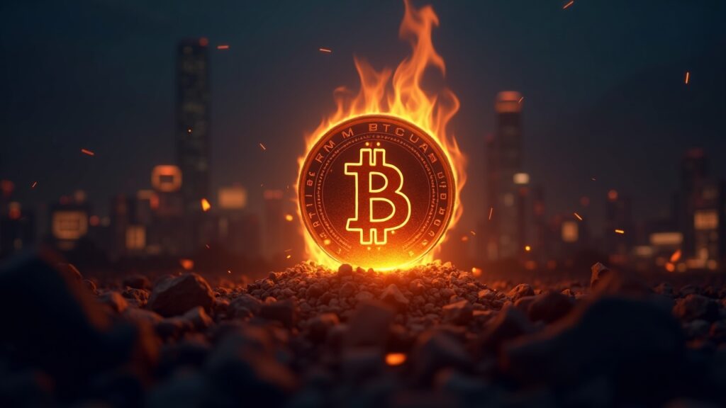 BNB burns tokens that raise its price and market capitalization, temporarily surpassing XRP against a blockchain city background.