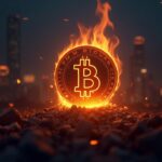 BNB burns tokens that raise its price and market capitalization, temporarily surpassing XRP against a blockchain city background.