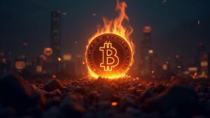 BNB burns tokens that raise its price and market capitalization, temporarily surpassing XRP against a blockchain city background.