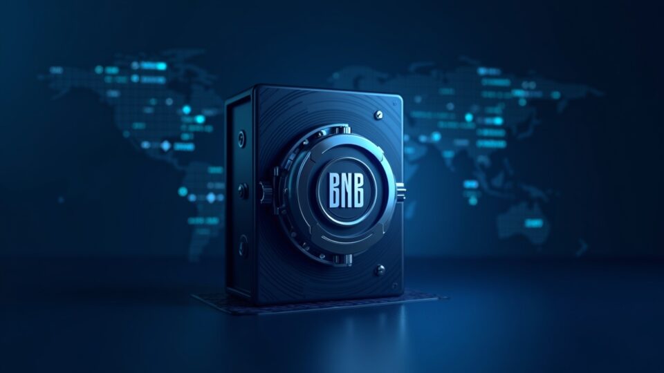 Photoreal header: secure digital treasury vault with BNB logo, investor icons, and a US stock market backdrop.