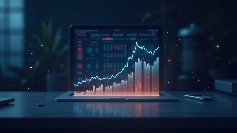 Crypto trading desk with BONK hologram and bullish chart at 0.000015, decentralized network background.