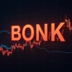 Photorealistic logo of BONK on a Solana background, with a bullish chart, volume bars and silhouette of an institutional investor.