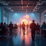 Diverse team in an accelerator hub, glowing Web3 tokens and a luminous bridge between Brinc and HELLO Labs.