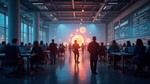 Diverse team in an accelerator hub, glowing Web3 tokens and a luminous bridge between Brinc and HELLO Labs.