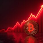Crimson market crash chart fading as a glowing Bitcoin surges upward against a sleek crypto newsroom backdrop.