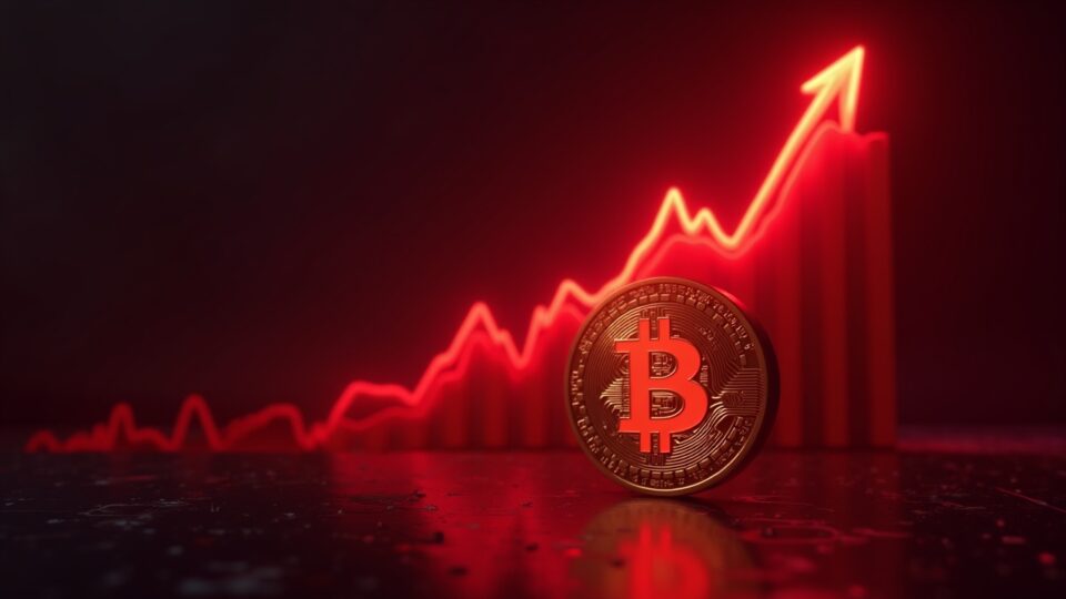 Crimson market crash chart fading as a glowing Bitcoin surges upward against a sleek crypto newsroom backdrop.