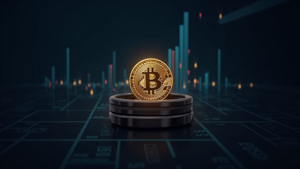 BTC in the foreground, outflows from exchanges to a hardware wallet and ETFs rising in the background.