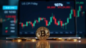 Bitcoin in the foreground with a trading chart and CME gap around 107k, countdown to the CPI, news atmosphere.
