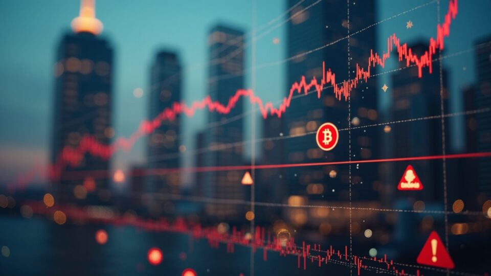 Chart of Bitcoin ETF with an outflow of 490 million, blurred tower suggesting BlackRock and red liquidity warning signs.