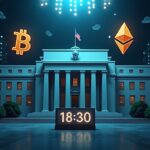 Futuristic newsroom with BTC and ETH logos above a bold Fed building, pulsing decentralization icons and a countdown timer.