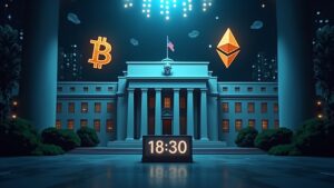 Futuristic newsroom with BTC and ETH logos above a bold Fed building, pulsing decentralization icons and a countdown timer.