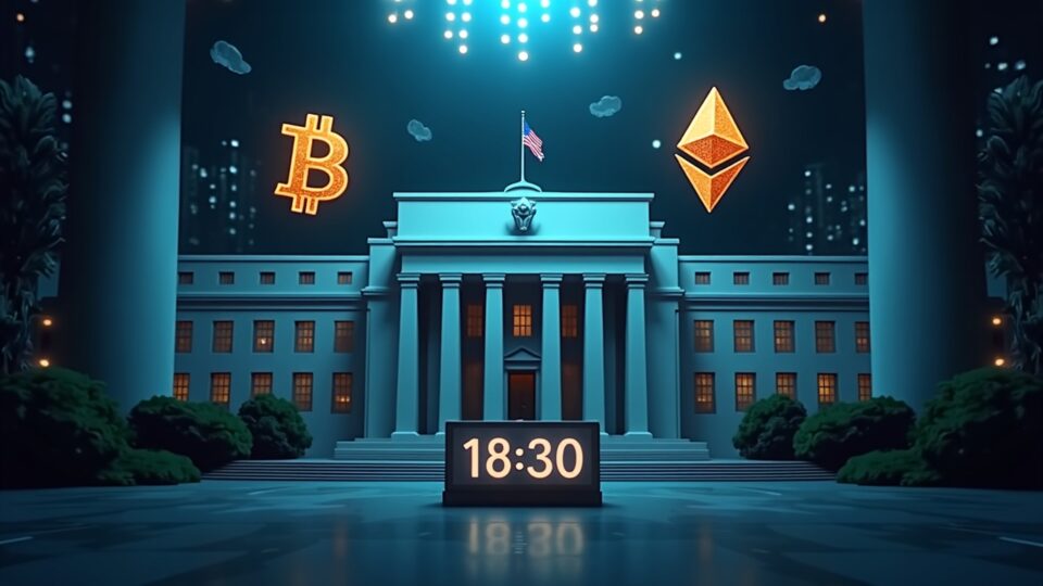 Futuristic newsroom with BTC and ETH logos above a bold Fed building, pulsing decentralization icons and a countdown timer.