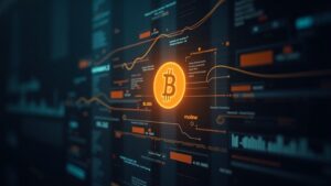 Realistic Bitcoin logo with data flows toward an ETF certificate, institutional news backdrop and regulatory focus.