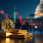 Realistic image of Bitcoin and gold bars on a trading desk, with rate-cut symbols and a blurred Capitol