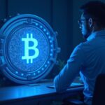 Photorealistic Bitcoin vault with a blue glow; trader in front of a desk, native BTC as collateral in DeFi.