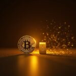 Bitcoin centered alongside a luminous gold bar and a BTC-gold chart, indicating oversold conditions and market risk.