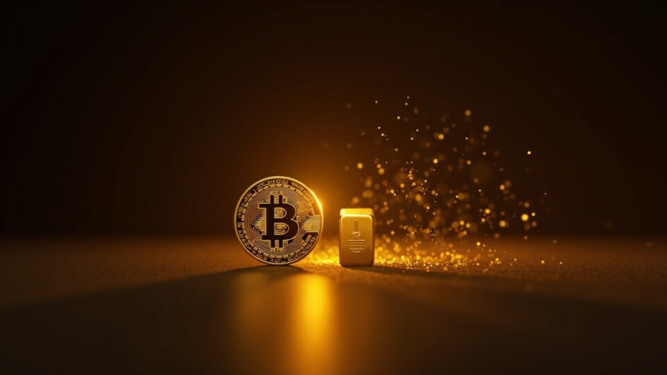 Bitcoin centered alongside a luminous gold bar and a BTC-gold chart, indicating oversold conditions and market risk.